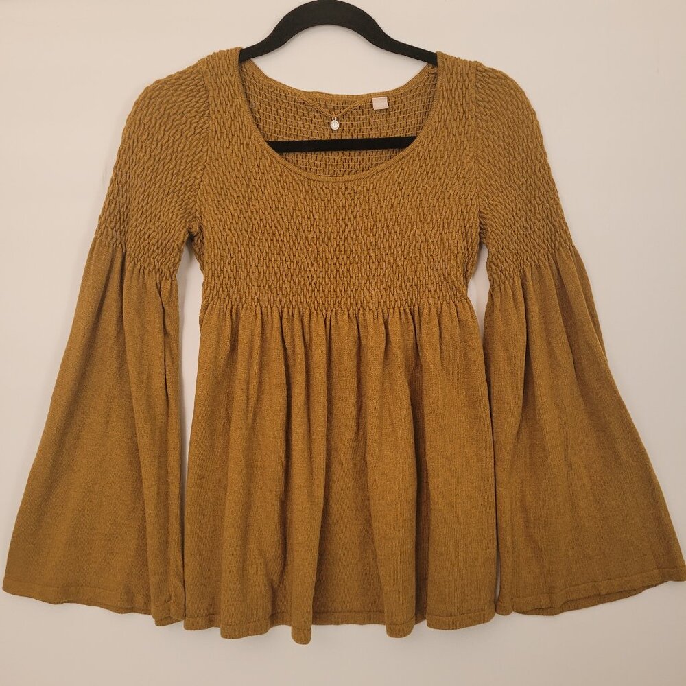 KNITTED & KNOTTED Sweater Size S Tan Babydoll Smocked Flare Sleeve Western Boho